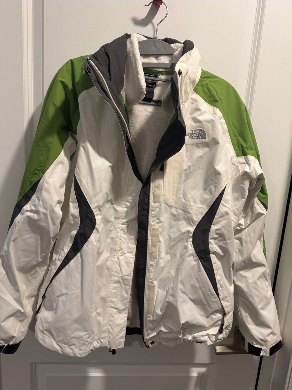 The North Face Women's White and Green Ski Jacket with Black Accents